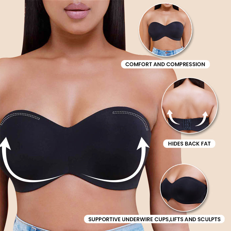 Ypooy  Full Support Non-Slip Convertible Bandeau Bra-Black+Nude（Buy 1 Get 1 !)